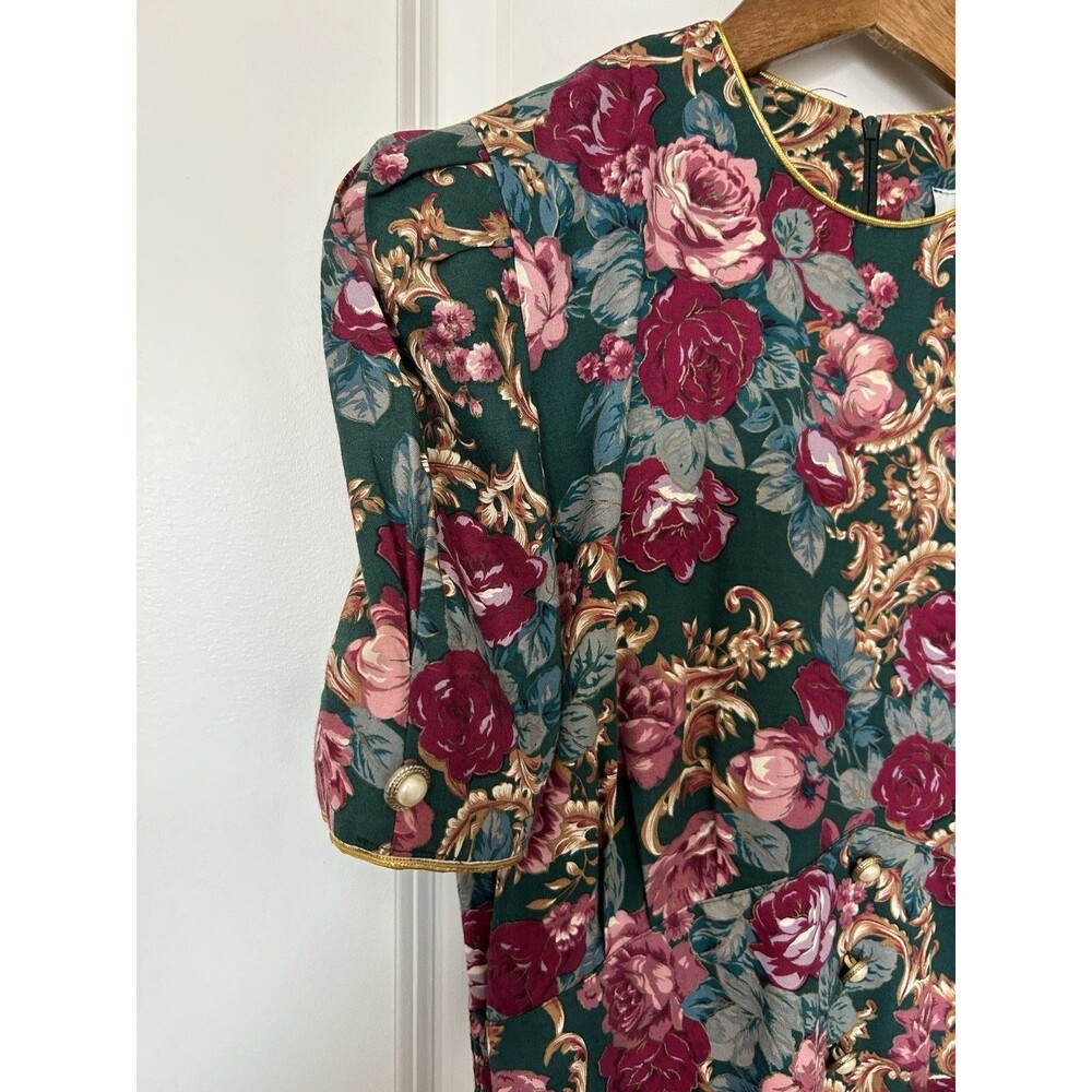 Vintage Romantic Floral Midi Dress Size 6 Green Roses Pearl Buttons 80s Bold - Picture 4 of 14